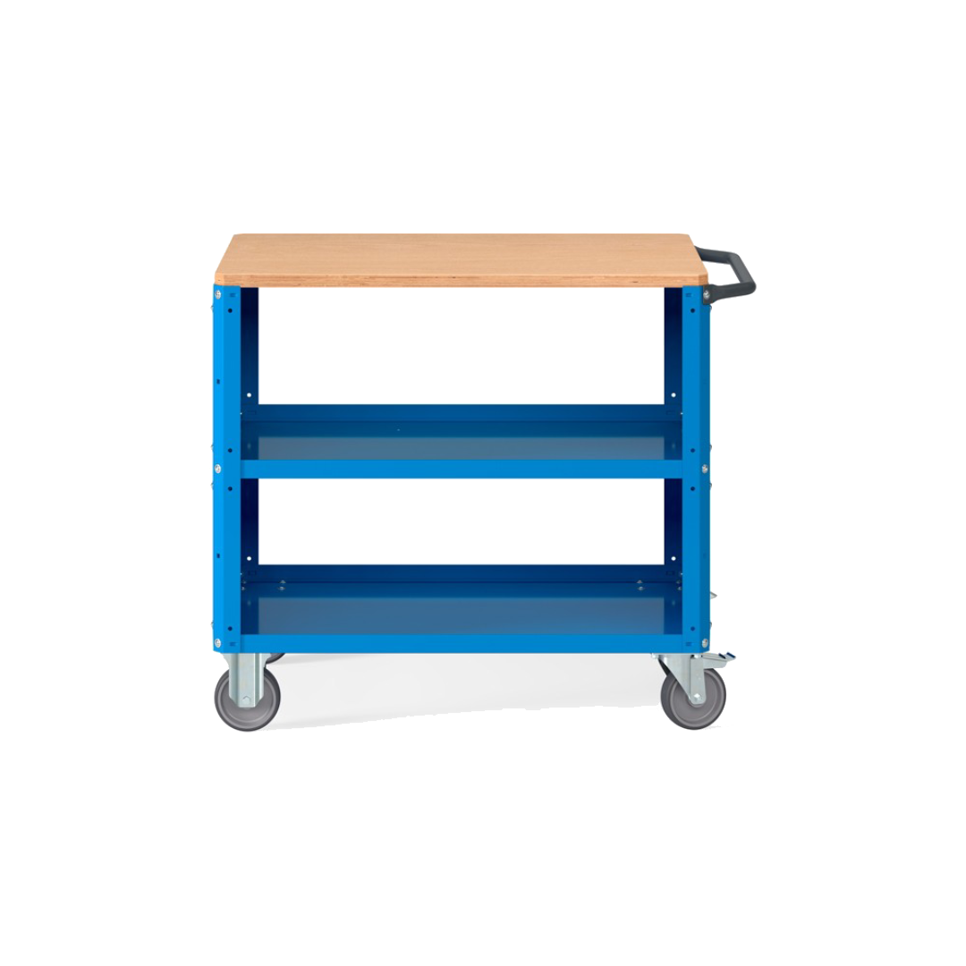 CLEVER10, Carrello a ripiani con ruote, piano in legno, piano aggiuntivo e pannelli forati