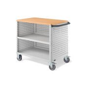 CLEVER10, Carrello a ripiani con ruote, piano in legno, piano aggiuntivo, pannelli forati e pannello forato posteriore