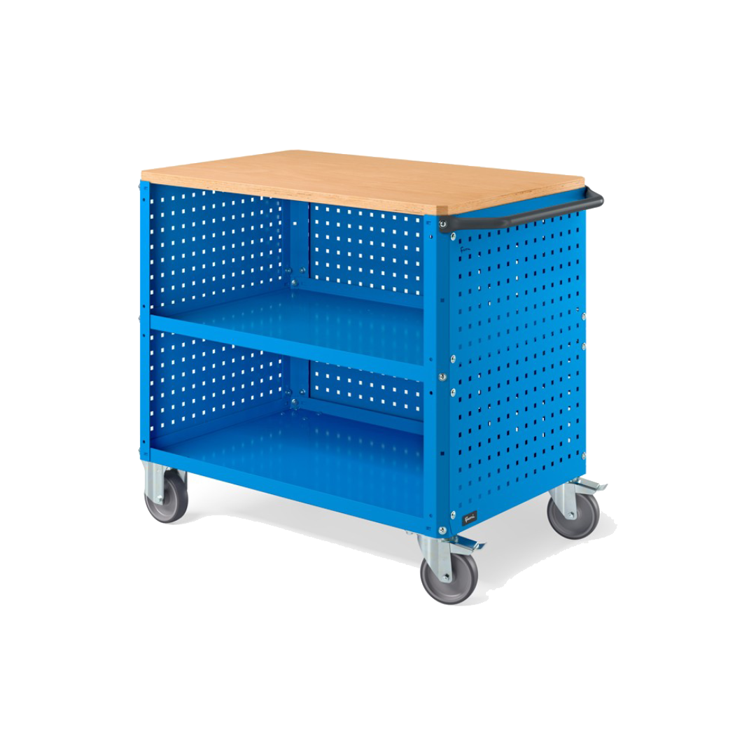 CLEVER10, Carrello a ripiani con ruote, piano in legno, piano aggiuntivo, pannelli forati e pannello forato posteriore