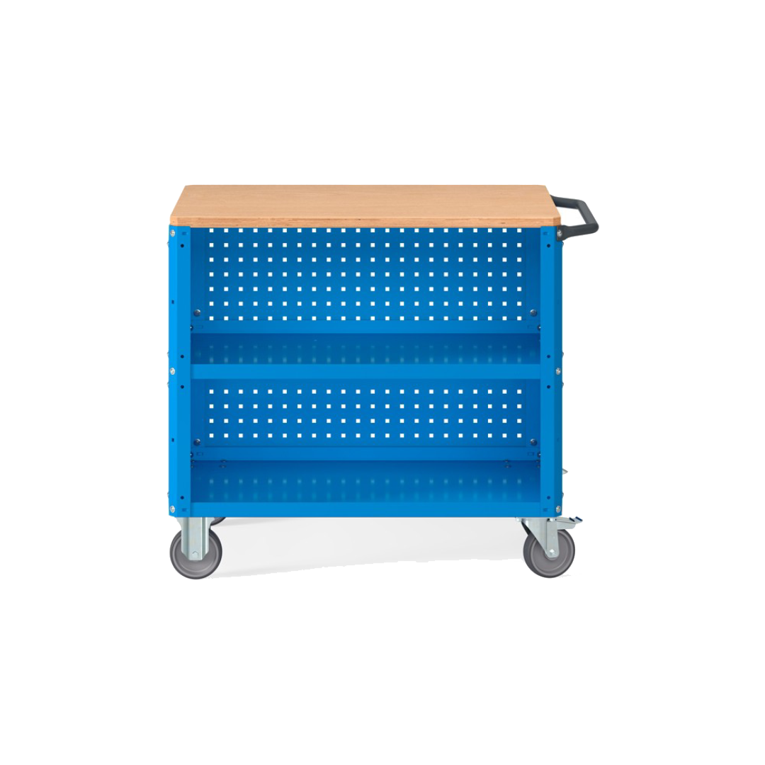CLEVER10, Carrello a ripiani con ruote, piano in legno, piano aggiuntivo, pannelli forati e pannello forato posteriore