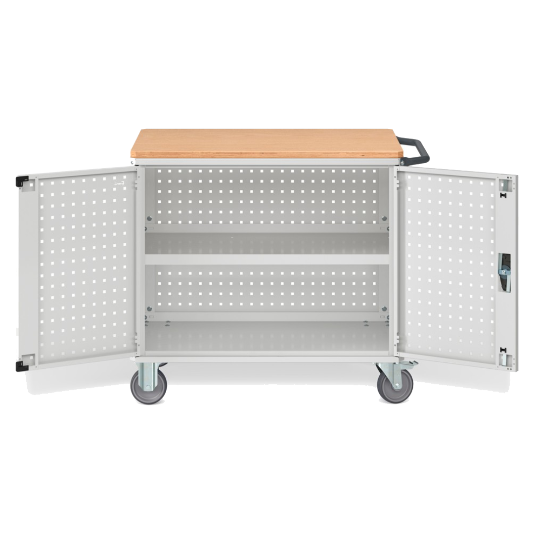 CLEVER10, Carrello a ripiani con ruote, piano in legno, piano aggiuntivo, pannelli forati e porte