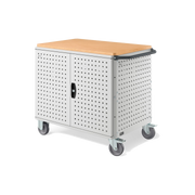 CLEVER10, Carrello a ripiani con ruote, piano in legno, piano aggiuntivo, pannelli forati e porte