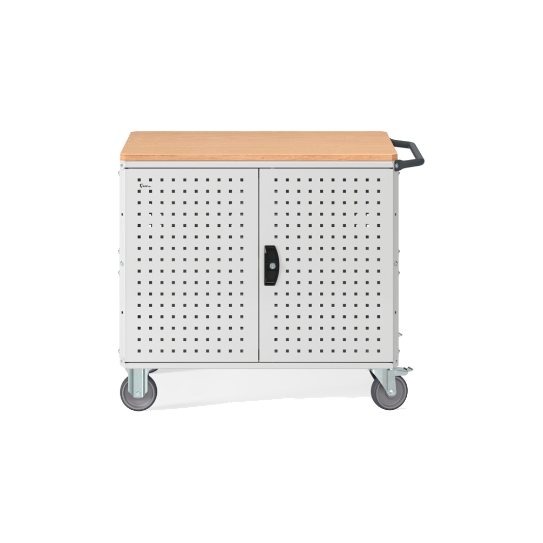 CLEVER10, Carrello a ripiani con ruote, piano in legno, piano aggiuntivo, pannelli forati e porte