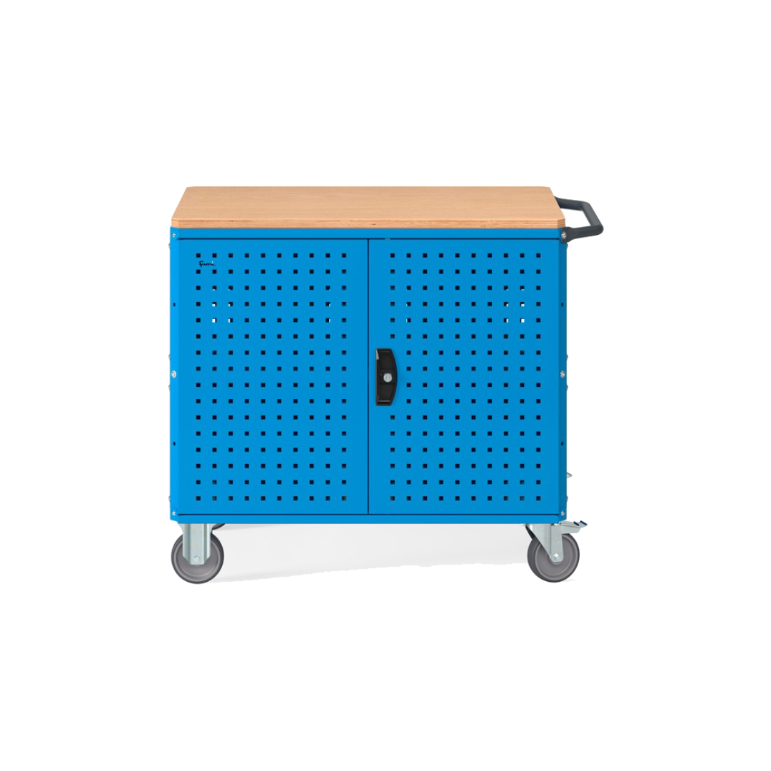 CLEVER10, Carrello a ripiani con ruote, piano in legno, piano aggiuntivo, pannelli forati e porte