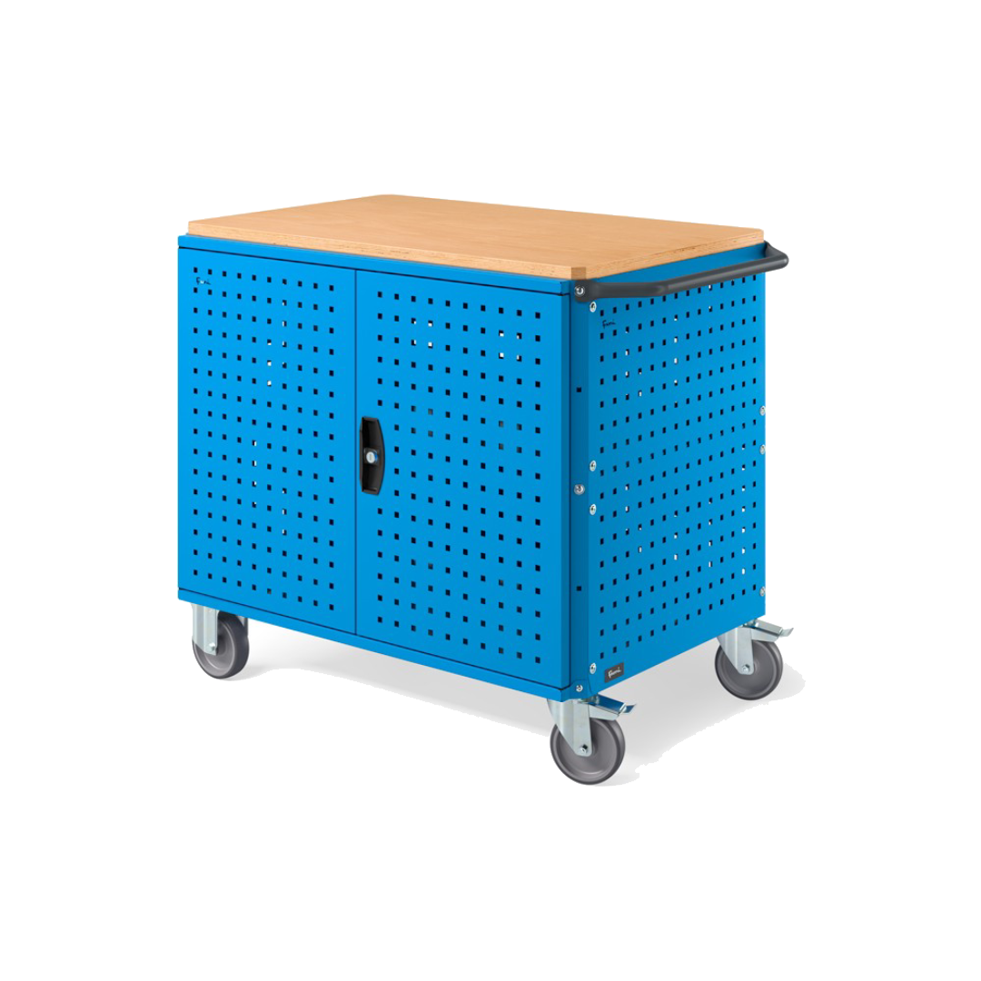 CLEVER10, Carrello a ripiani con ruote, piano in legno, piano aggiuntivo, pannelli forati e porte