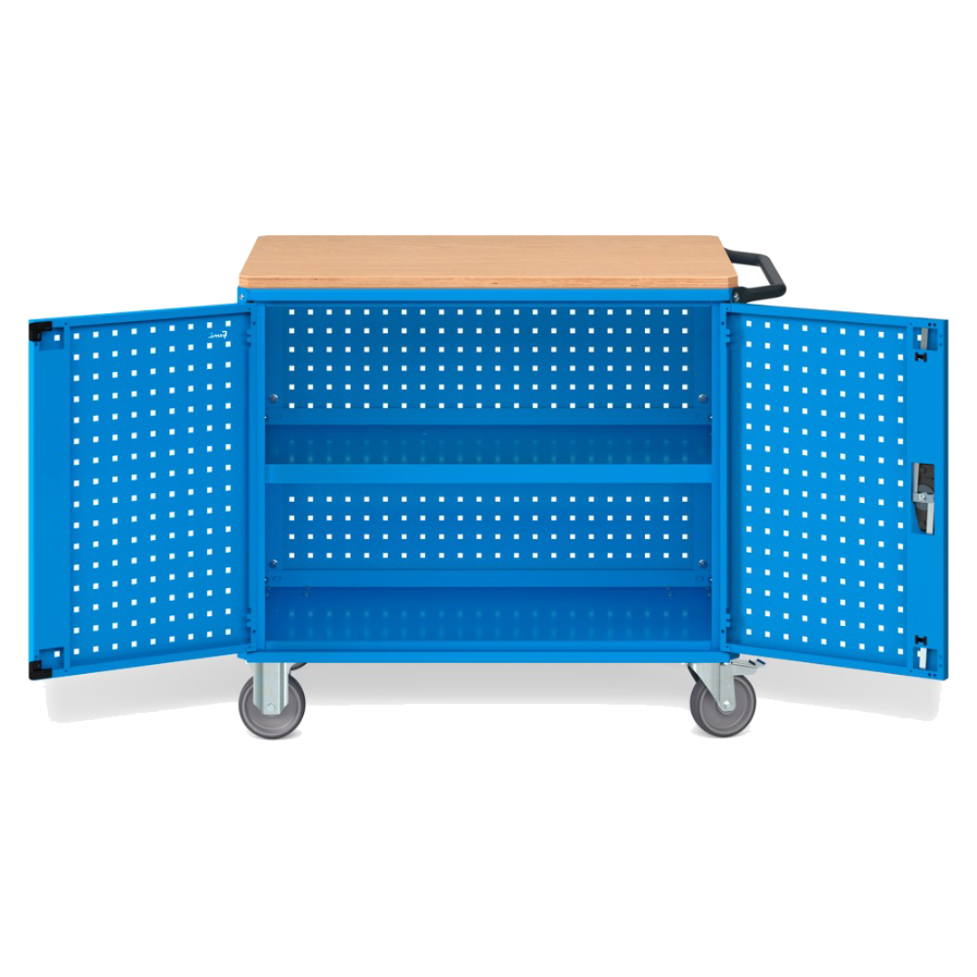CLEVER10, Carrello a ripiani con ruote, piano in legno, piano aggiuntivo, pannelli forati e porte