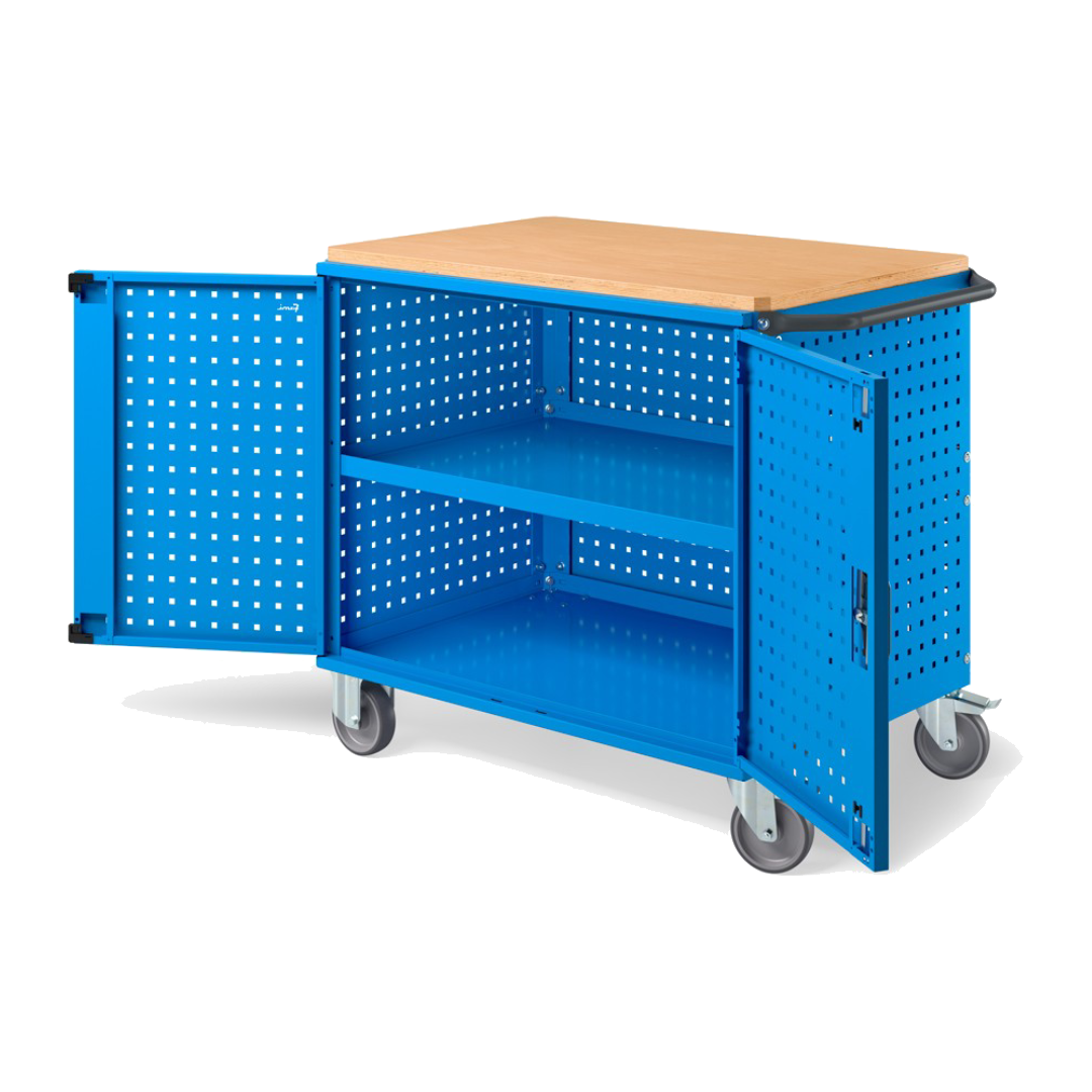 CLEVER10, Carrello a ripiani con ruote, piano in legno, piano aggiuntivo, pannelli forati e porte