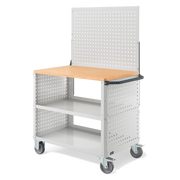 CLEVER10, Carrello a ripiani con ruote, piano in legno, piano aggiuntivo, pannelli forati e parete forata