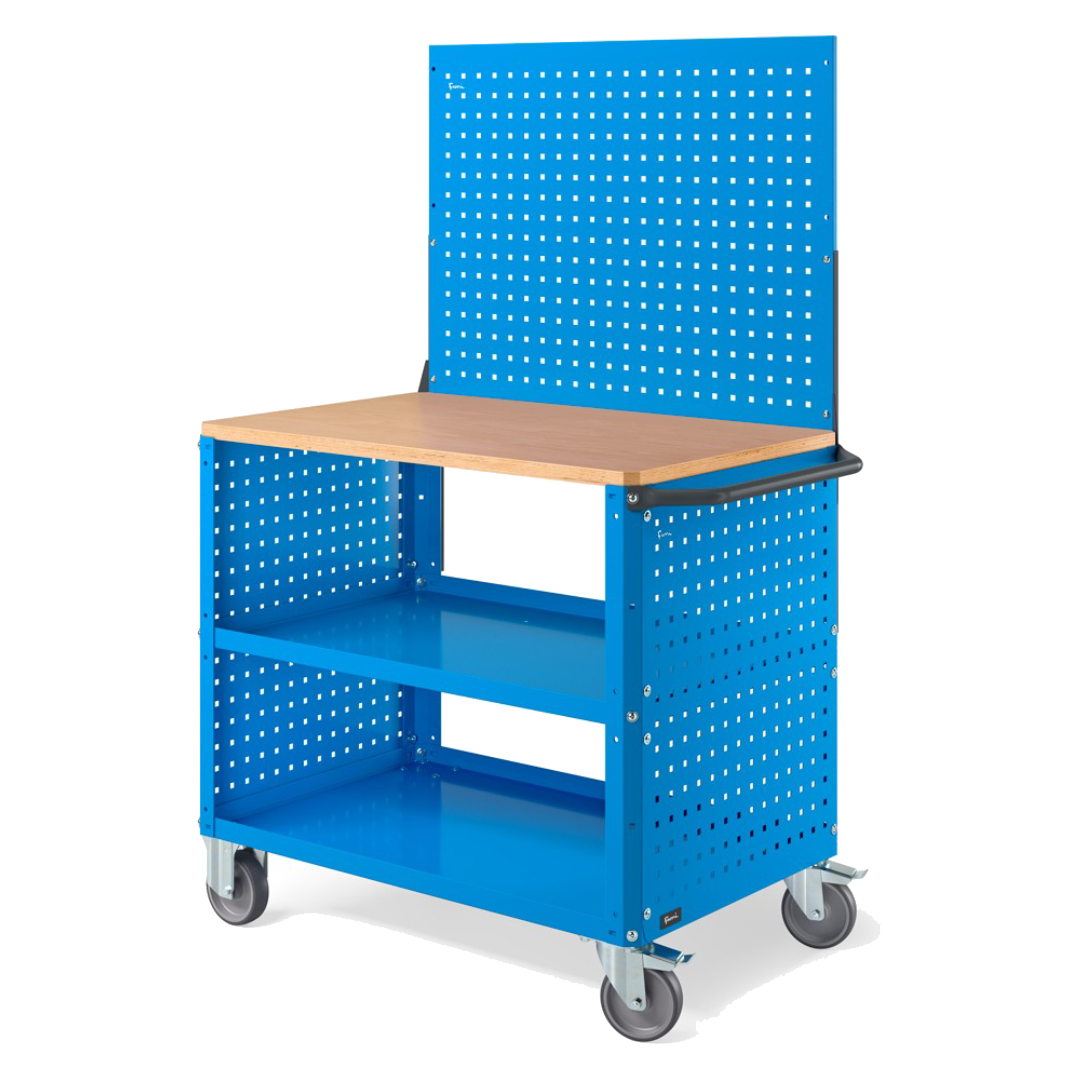 CLEVER10, Carrello a ripiani con ruote, piano in legno, piano aggiuntivo, pannelli forati e parete forata