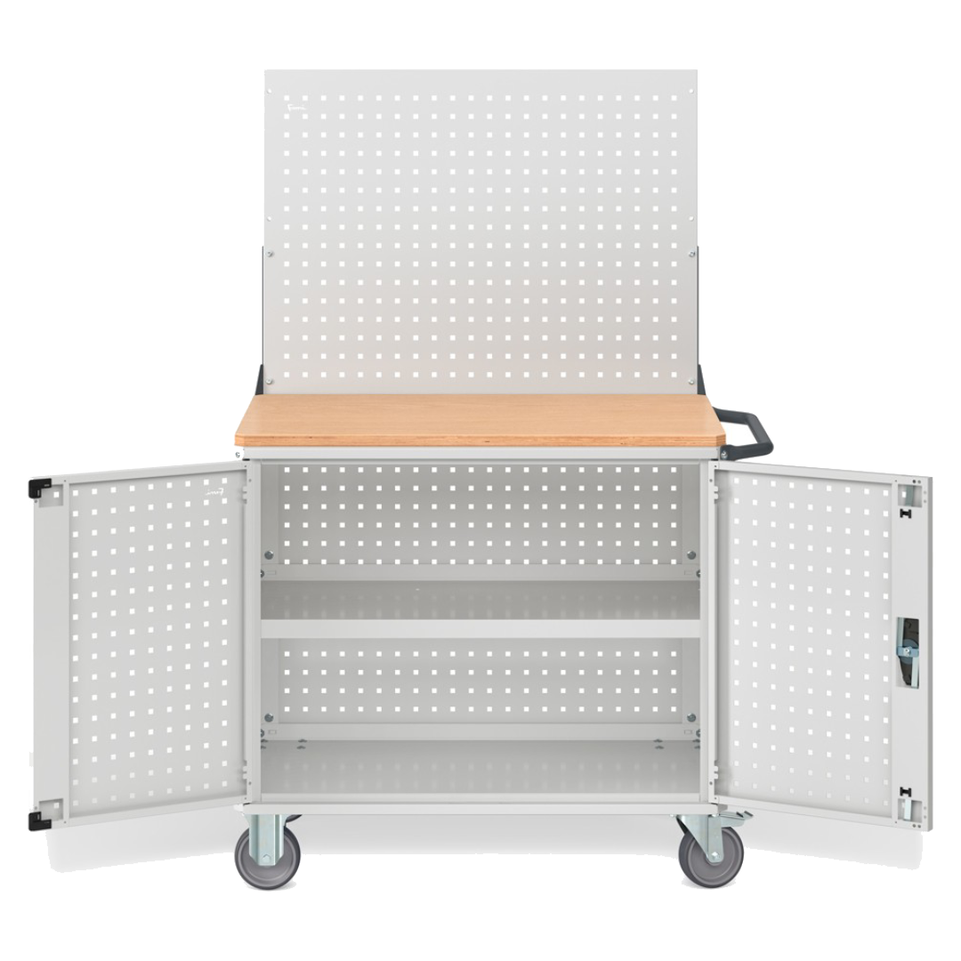 CLEVER10, Carrello a ripiani con ruote, piano in legno, piano aggiuntivo, pannelli e parete forati, coppia porte