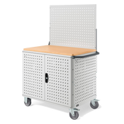 CLEVER10, Carrello a ripiani con ruote, piano in legno, piano aggiuntivo, pannelli e parete forati, coppia porte