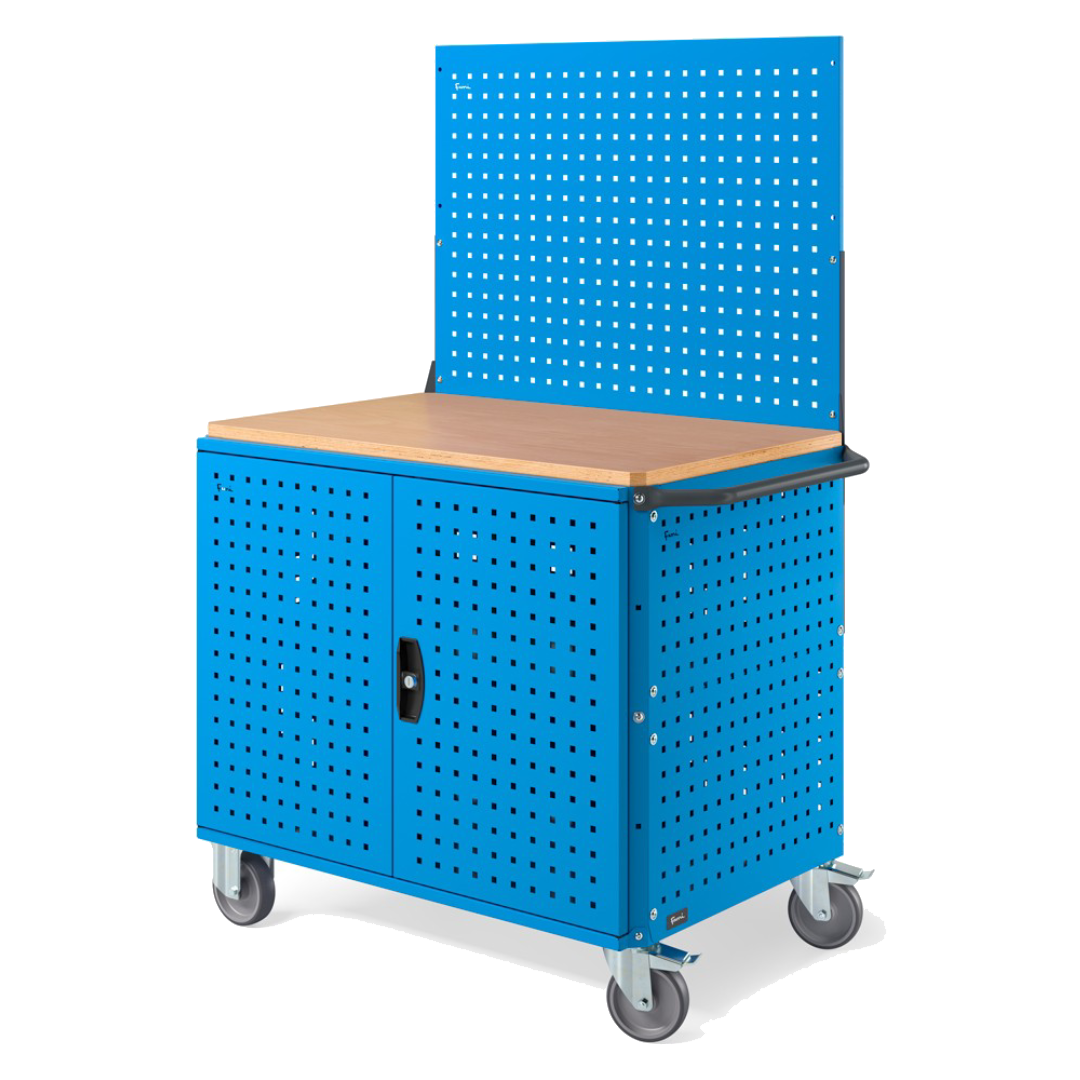 CLEVER10, Carrello a ripiani con ruote, piano in legno, piano aggiuntivo, pannelli e parete forati, coppia porte