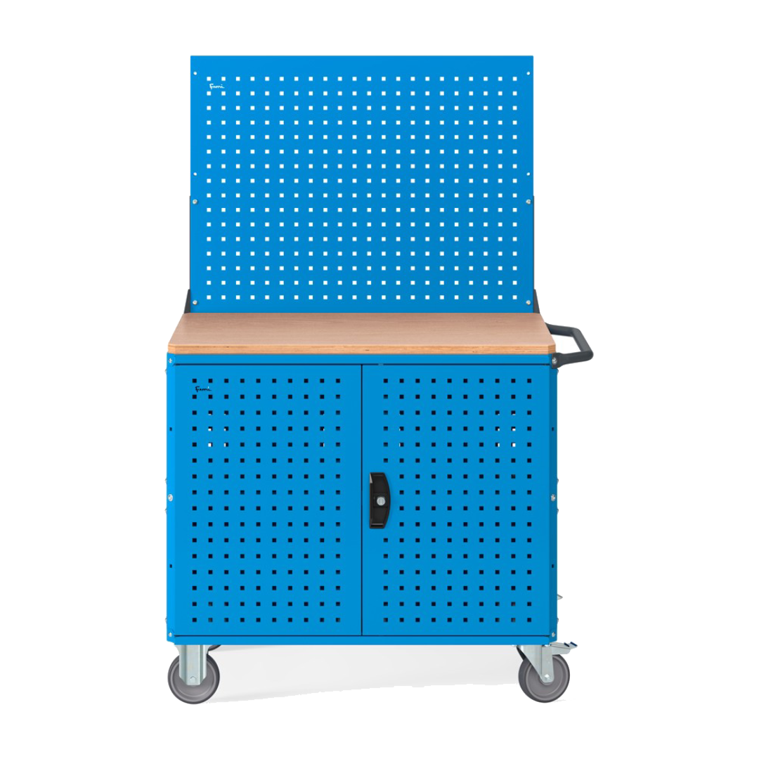 CLEVER10, Carrello a ripiani con ruote, piano in legno, piano aggiuntivo, pannelli e parete forati, coppia porte