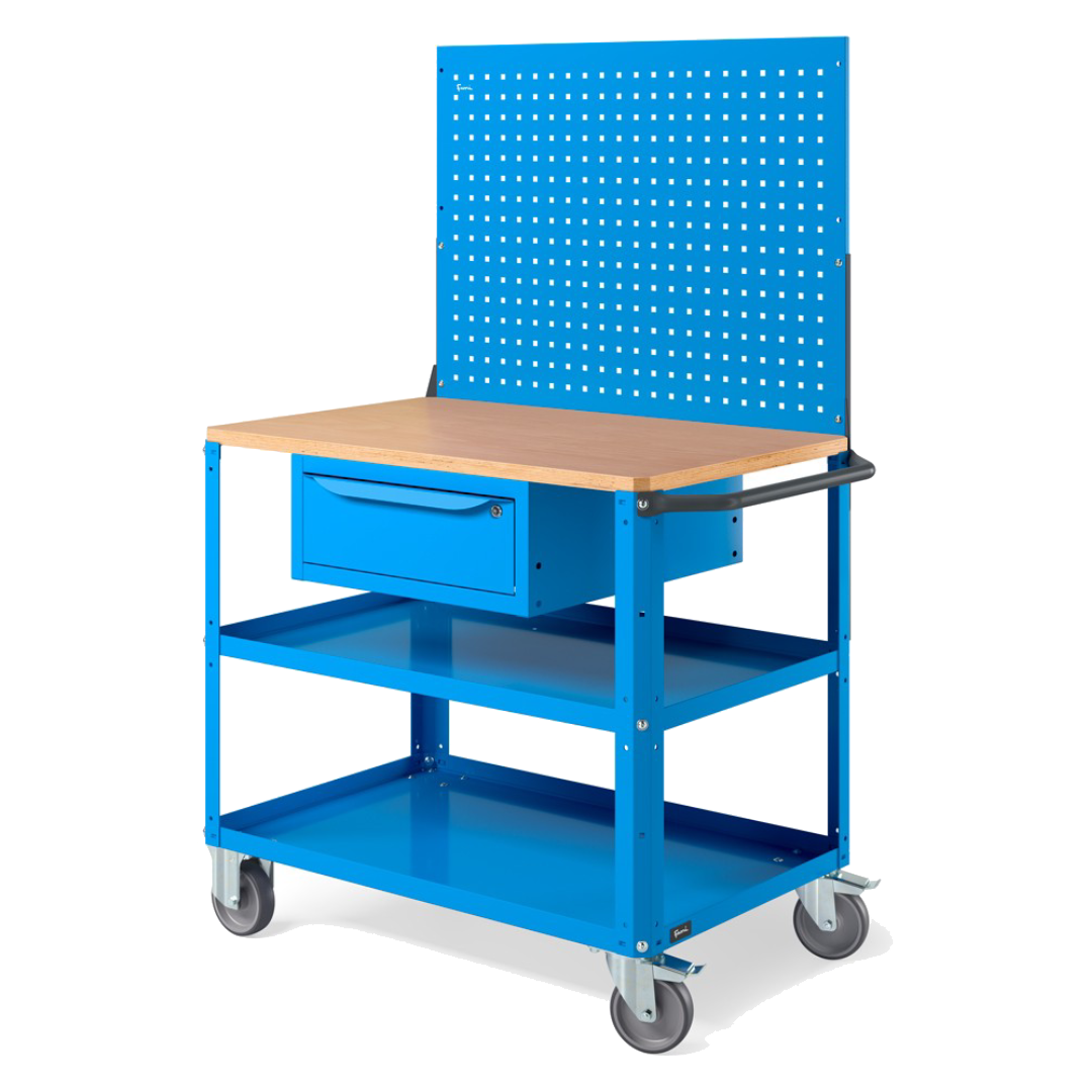 CLEVER10, Carrello a ripiani con ruote, con piano in legno, piano aggiuntivo, cassetto e parete forata