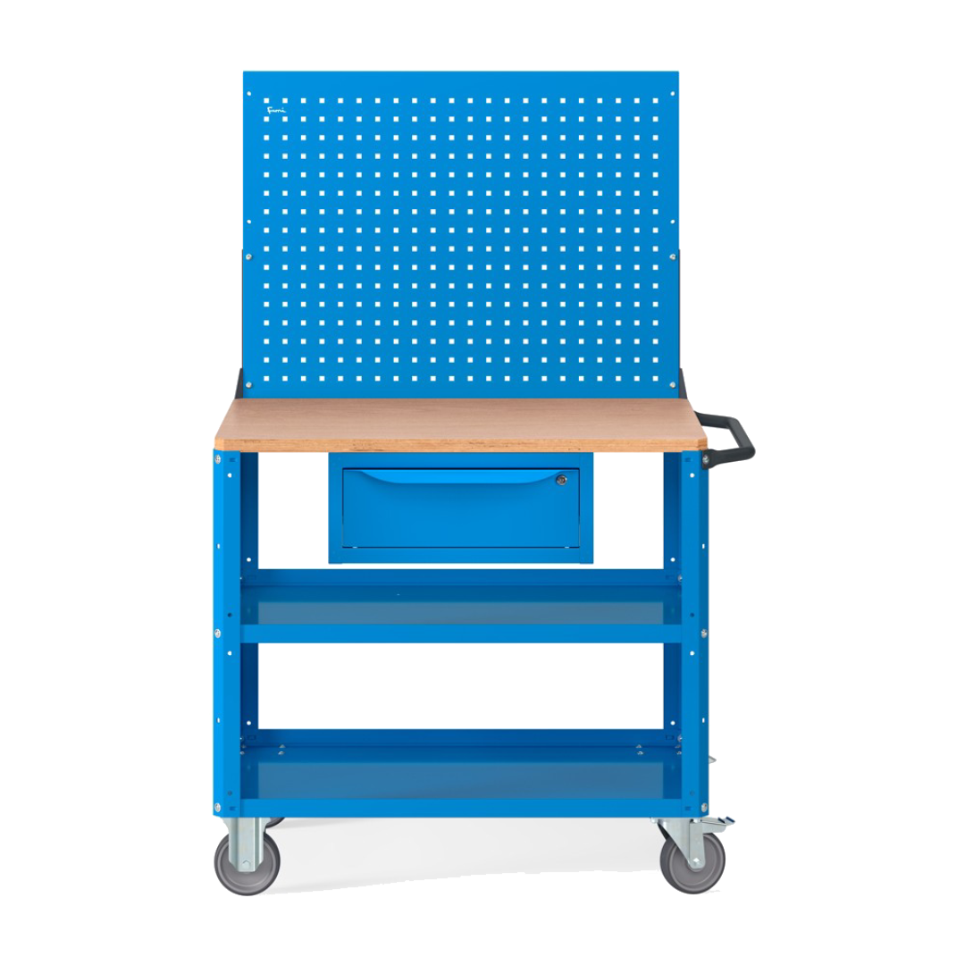 CLEVER10, Carrello a ripiani con ruote, con piano in legno, piano aggiuntivo, cassetto e parete forata