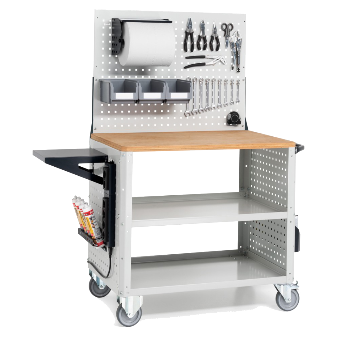 CLEVER10, Carrello a ripiani con ruote, piano in legno, piano aggiuntivo, pannelli e parete forati