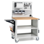 CLEVER10, Carrello a ripiani con ruote, piano in legno, piano aggiuntivo, pannelli e parete forati