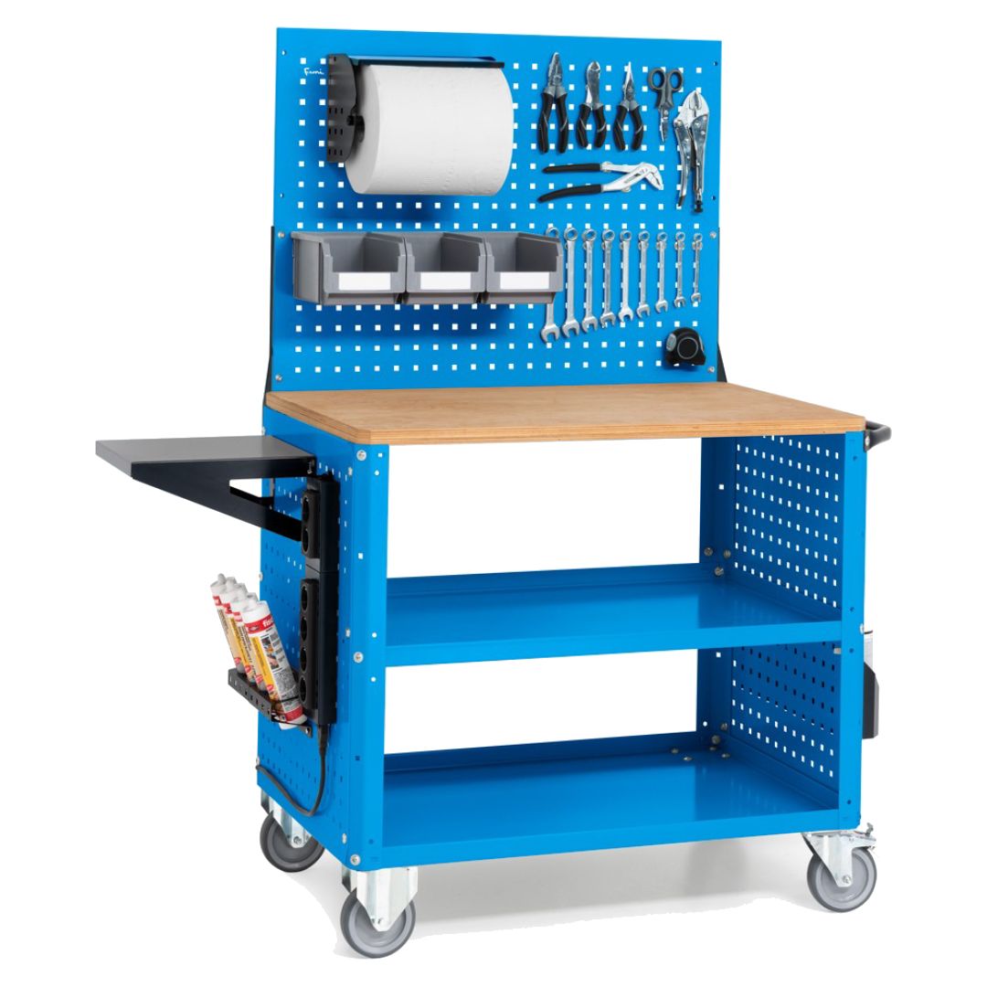 CLEVER10, Carrello a ripiani con ruote, piano in legno, piano aggiuntivo, pannelli e parete forati