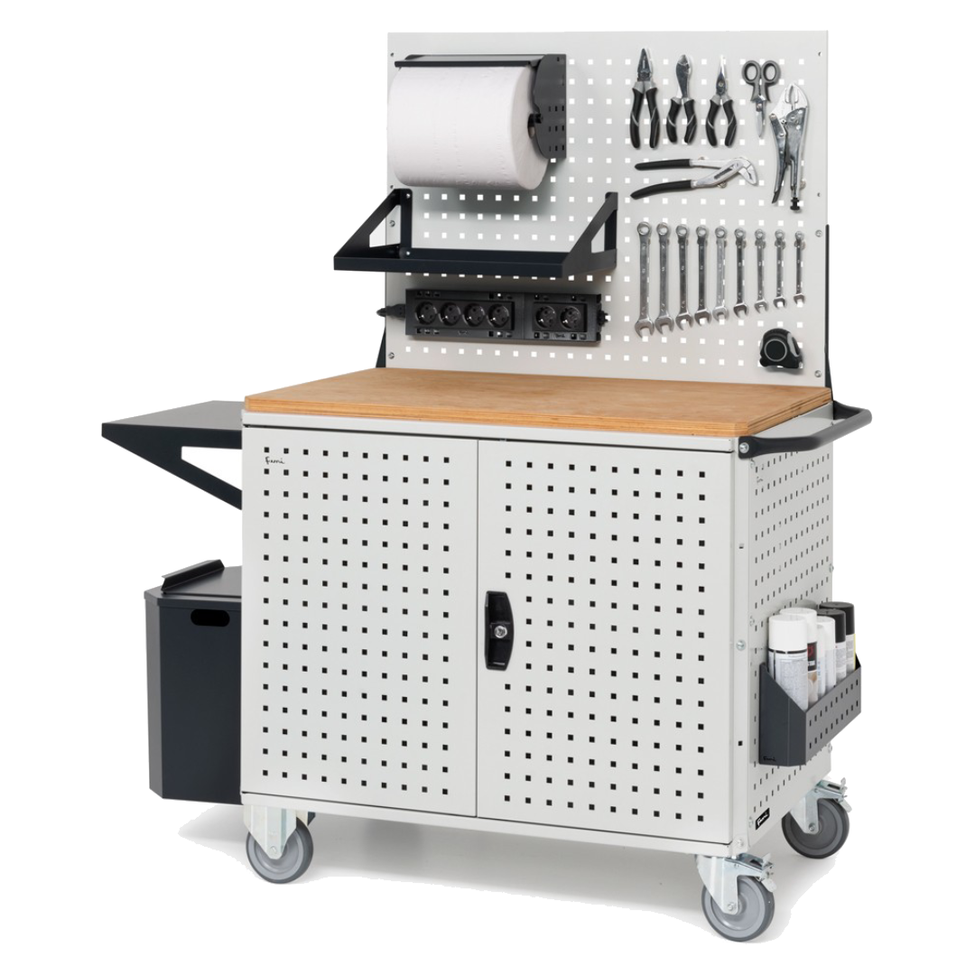 CLEVER10, Carrello a ripiani con ruote, piano in legno, piano aggiuntivo, pannelli, coppia porte e parete forati