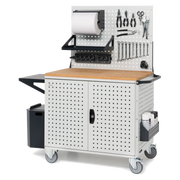 CLEVER10, Carrello a ripiani con ruote, piano in legno, piano aggiuntivo, pannelli, coppia porte e parete forati