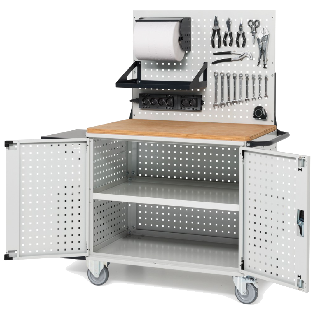 CLEVER10, Carrello a ripiani con ruote, piano in legno, piano aggiuntivo, pannelli, coppia porte e parete forati