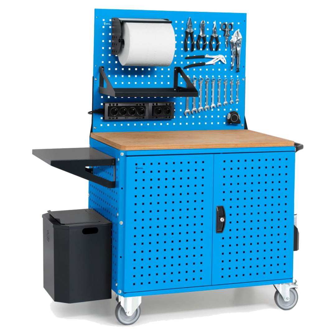 CLEVER10, Carrello a ripiani con ruote, piano in legno, piano aggiuntivo, pannelli, coppia porte e parete forati