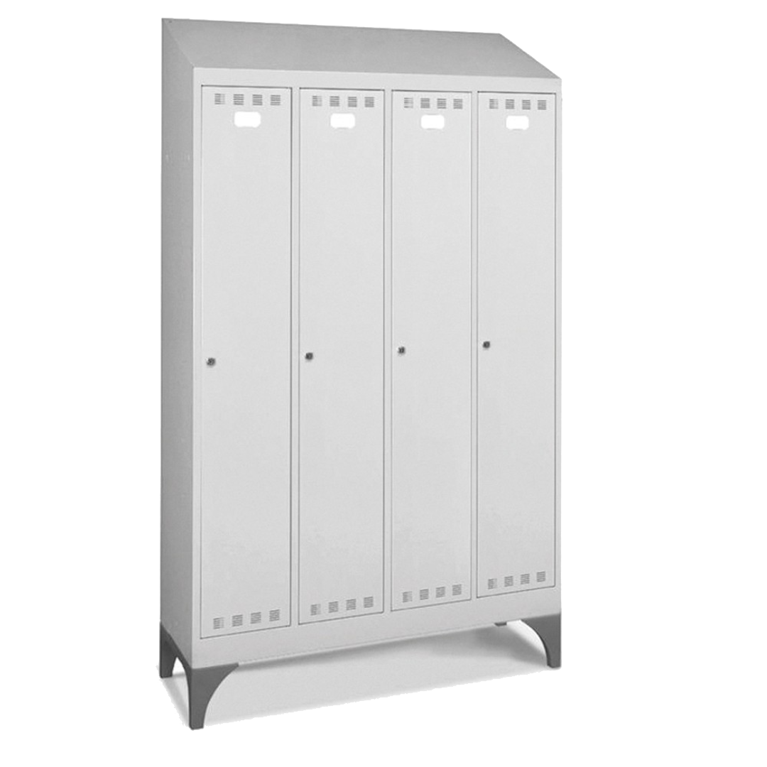 PERFOMAN03 | Armadio spogliatoio in metallo a 4 scomparti con piedini e tetto inclinato