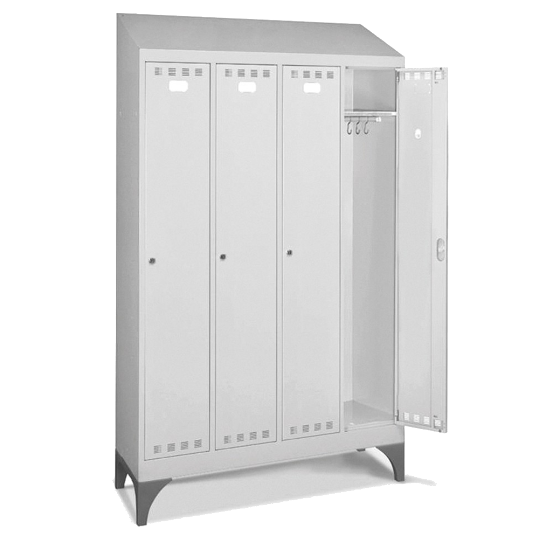PERFOMAN03 | Armadio spogliatoio in metallo a 4 scomparti con piedini e tetto inclinato